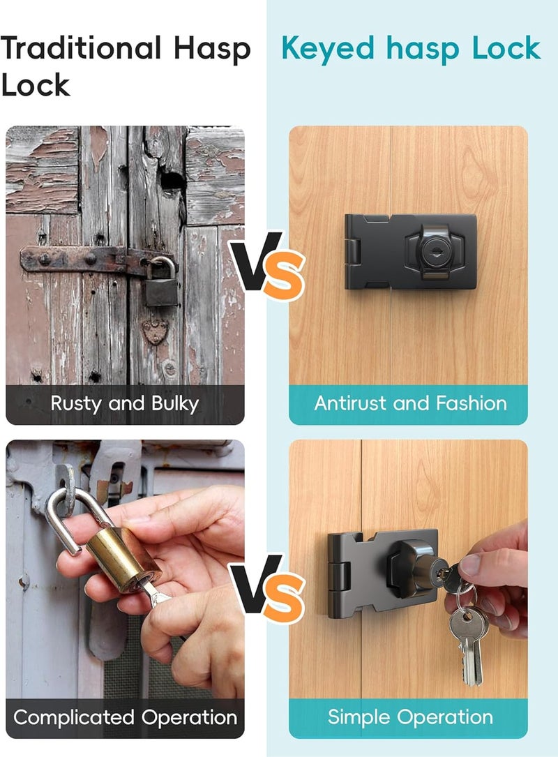 I-EASYDWW 2.5 Inch Keyed Hasp Lock for Cabinets & Small Doors, Twist Knob Design, Heavy Duty Zinc Alloy with Chrome-Plated Iron, Includes Keys & Screws - Black, 2 Pack - Image 3